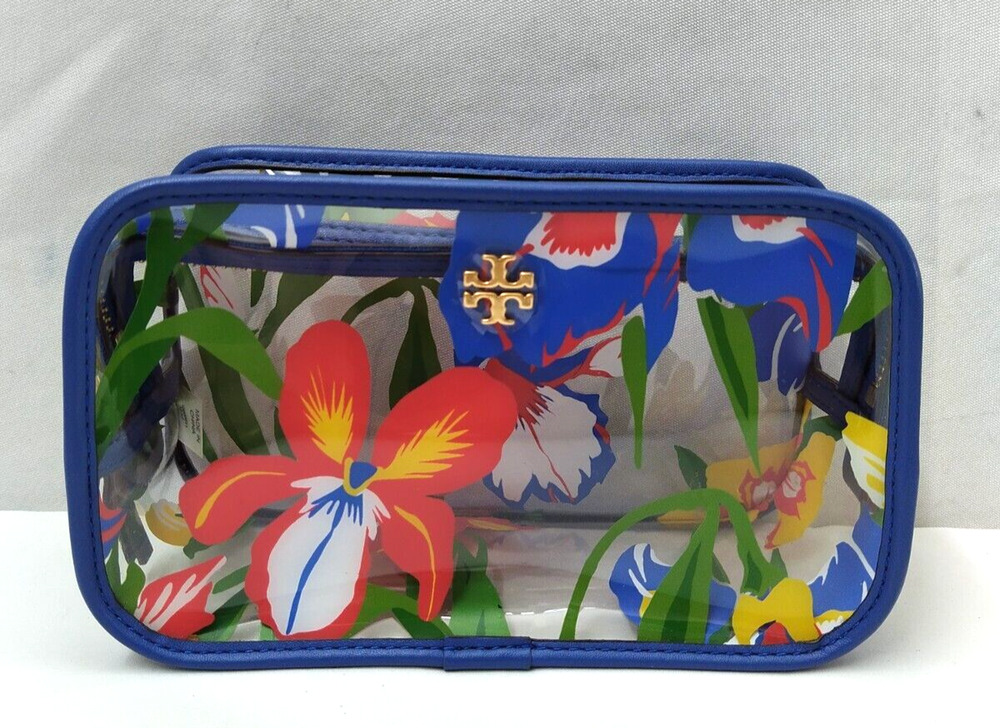 Tory Burch Clear Plastic Multicolor Flower Zipper Closure Cosmetic Pouch Wallet
